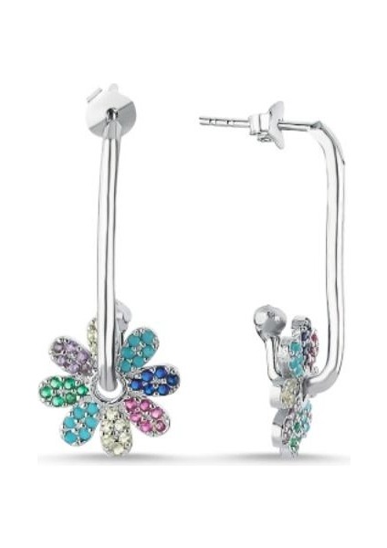 925 Ayar Papatya Renkli Zirkon Taşlı Sallantılı Kadın Küpe