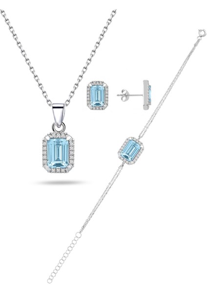 925 Ayar Gümüş Aquamarin Taşlı Baget Kolye Küpe Bileklik Set