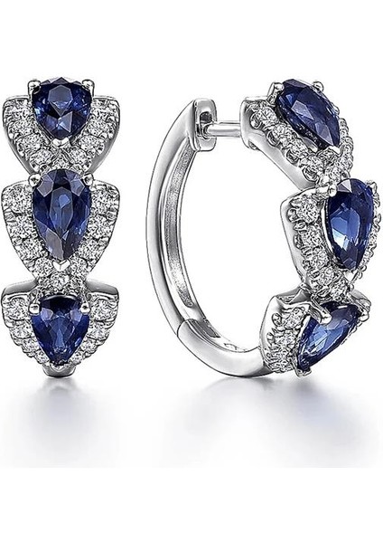Safir Taşlı Diamond Stylish Night Halka Kadın Gümüş Küpe 17 mm