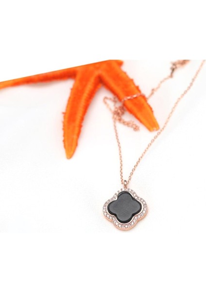 Siyah Sedef Taşlı Yonca Kadın Gümüş Kolye modelleri
