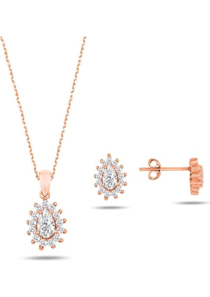 Rose Gold Zirkon Taşlı Bayan Kolye Küpe Seti