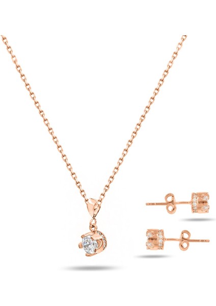 Gümüş Zirkon Taşlı Taç Model Bayan Kolye Küpe Seti Gümüş Set