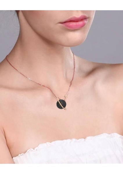 Rose Renk Gezegen Kolye Siyah Taşlı Gümüş Kadın Kolye modelleri