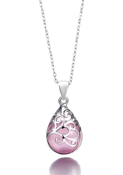 Gümüş Su Damlası Pembe Opal Taşı Bayan Gümüş Kolye