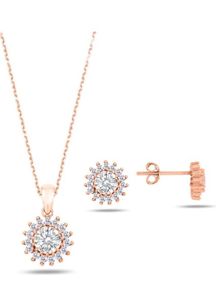 Rose Gold Zirkon Taşlı Bayan Kolye Küpe Seti