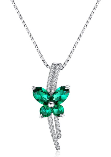 Zümrüt Taşlı Işıltılı Diamond Fiyonk Kelebek Kadın Gümüş Kolye