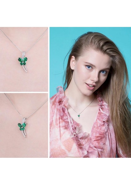 Zümrüt Taşlı Işıltılı Diamond Fiyonk Kelebek Kadın Gümüş Kolye