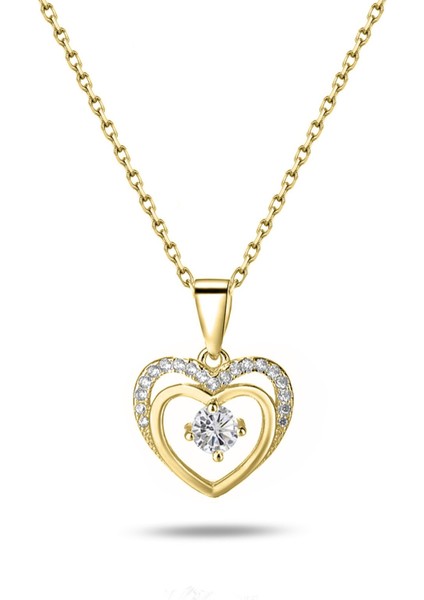 Çift Kalp Tektaş Gümüş Kolye Altın Kaplama