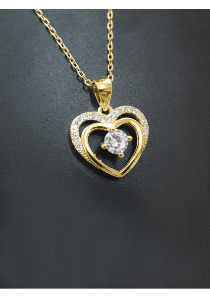 Çift Kalp Tektaş Gümüş Kolye Altın Kaplama modelleri