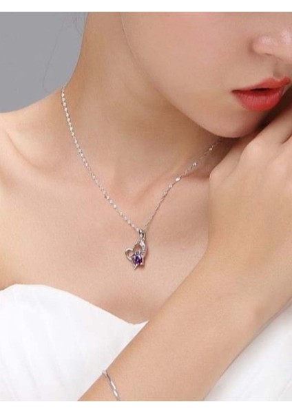 Gümüş Love Yazılı Mor Zirkon Taşlı Kalp Bayan Gümüş Kolye fiyatları