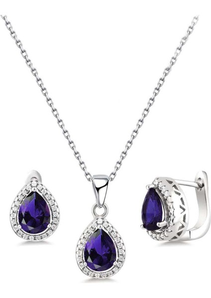 Damla Model Safir Mavisi Zirkon Taşlı Gümüş Bayan Kolye Küpe Seti