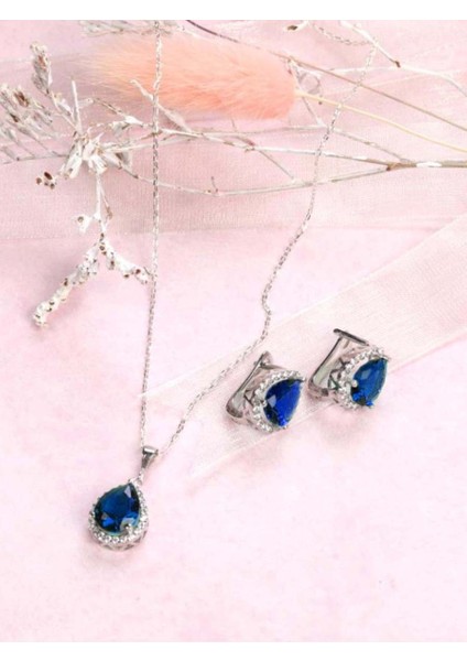 Damla Model Safir Mavisi Zirkon Taşlı Gümüş Bayan Kolye Küpe Seti modelleri