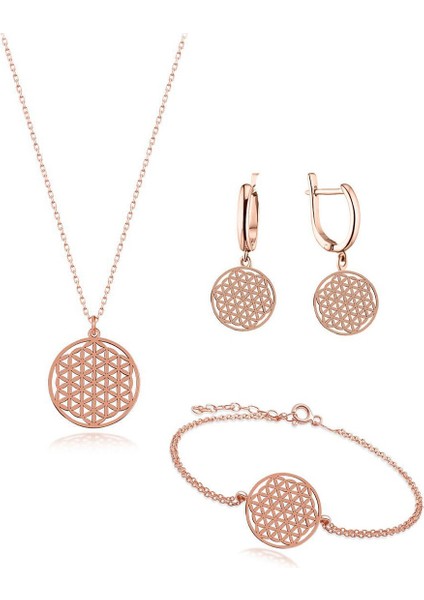 Rose Gold Gümüş Yaşam Çiçeği Bayan Kolye Küpe Bileklik Seti