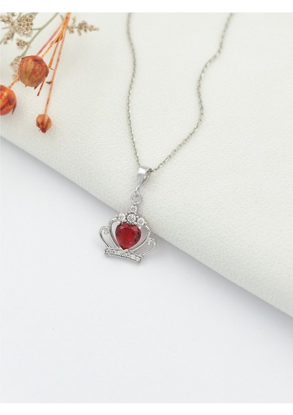 Kırmızı Taşlı Gümüş Kraliçe Tacı Bayan Kolye fiyatları