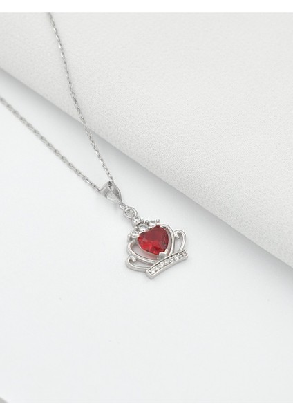 Kırmızı Taşlı Gümüş Kraliçe Tacı Bayan Kolye modelleri