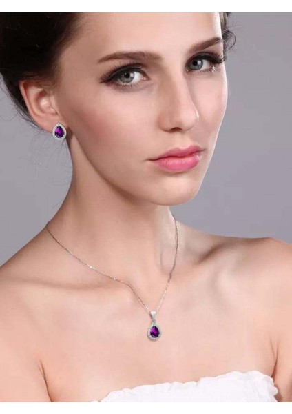 925 Ayar Damla Model Ametist Taşlı Gümüş Bayan Kolye Küpe Seti fiyatları