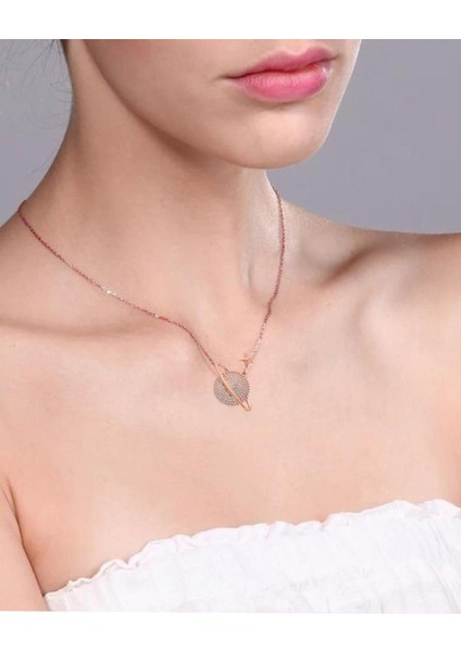 Rose Renk Gezegen Kolye Beyaz Taşlı Gümüş Kadın Kolye fiyatları