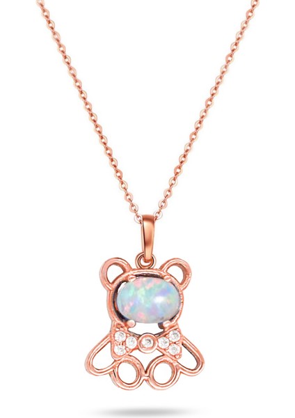 Opal Taşlı Ayıcık Gümüş Minik Kolye Zarif Model