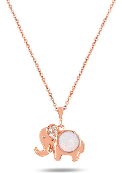 Opal Beyaz Taşlı Fil Figürlü Gümüş Kadın Kolye