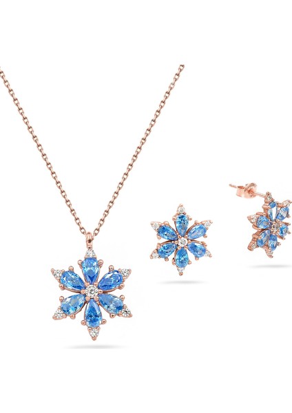 925 Ayar Lotus Çiçeği Aquamarin Taşlı Rose Gümüş Kolye Küpe Set