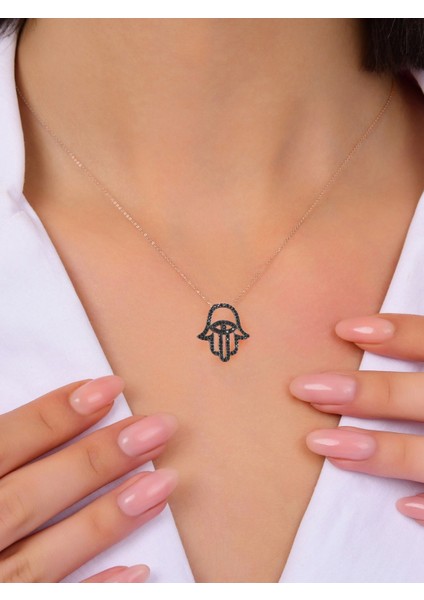 Rose Renk Siyah Taşlı Fatma Ana Eli Bayan Gümüş Kolye fiyatları