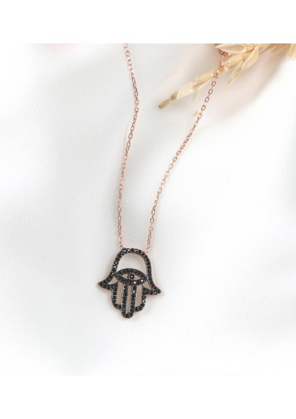 Rose Renk Siyah Taşlı Fatma Ana Eli Bayan Gümüş Kolye modelleri