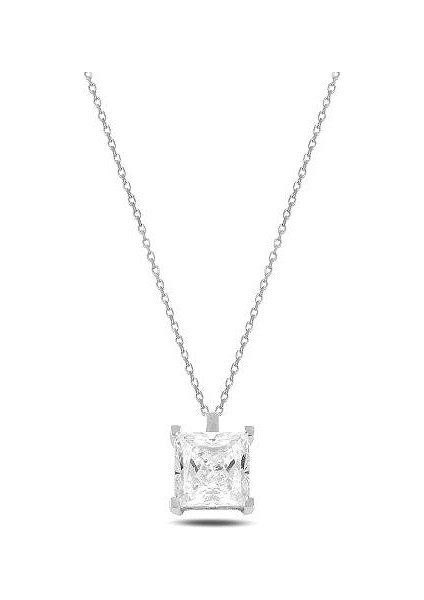 Gümüş Swarovski Zirconia Taşlı Kare Model Bayan Kolye