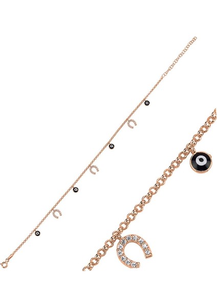 925 Ayar Mineli Göz & Zirkon Taşlı Doç Zincirli Sallantılı Halhal