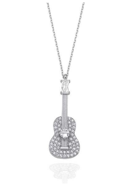 925 Ayar Gümüş Baget Taşlı Gitar Bayan Kolye