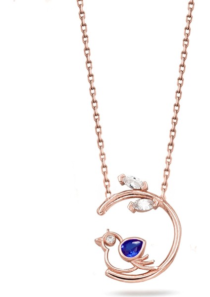 925 Ayar Mavi Taşlı Minik Kuş Kadın Gümüş Kolye