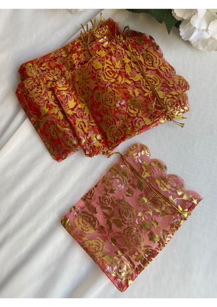 10ADET Gold Detaylı Tül Kese - 12X15CM