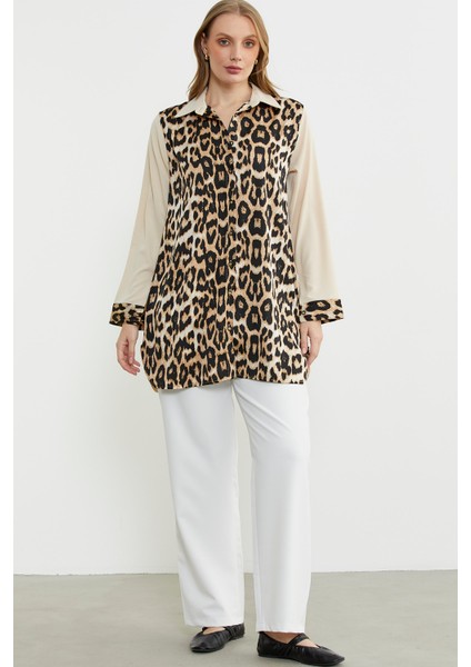 Leopar Detaylı Tunik Gömlek - Taş