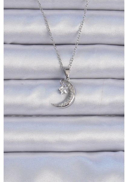 316L Çelik Zincir Gümüş Renk Zirkon Taşlı Sallantılı Ay Yıldız Kolye - TJ-BKO9062