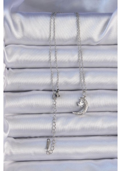316L Çelik Zincir Gümüş Renk Zirkon Taşlı Sallantılı Ay Yıldız Kolye - TJ-BKO9062 fiyatları