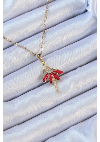 316L Çelik Zincir Altın Renk Kırmızı Etekli Zirkon Taşlı Balerin Kolye - TJ-BKO9099