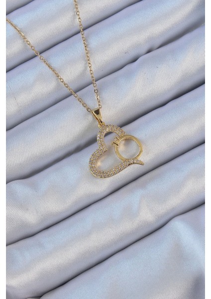 316L Çelik Zincir Altın Renk Zirkon Taşlı Yüzüklü Kalp Kolye - TJ-BKO9145