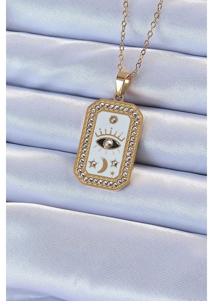 316L Çelik Zincir Altın Renk Mineli Zirkon Taşlı Göz Figür Tarot Kolye - TJ-BKO9215