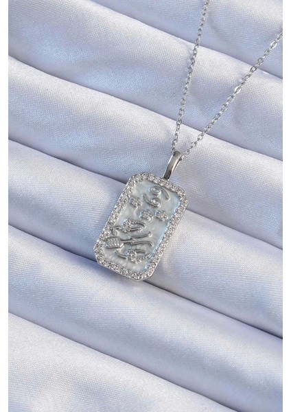 316L Çelik Zincir Gümüş Renk Zirkon Taşlı Çerçeveli Tarot Kolye - TJ-BKO9242
