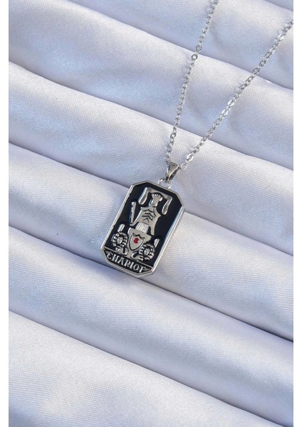 316L Çelik Zincir Gümüş Renk Siyah Mineli Tarot Kolye - TJ-BKO9246