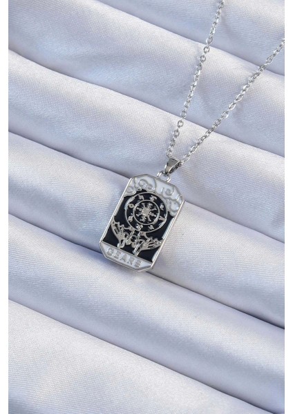 316L Çelik Zincir Gümüş Renk Işlemeli Siyah Mineli Tarot Kolye - TJ-BKO9237
