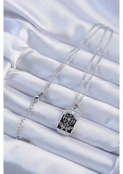 316L Çelik Zincir Gümüş Renk Işlemeli Siyah Mineli Tarot Kolye - TJ-BKO9237 fiyatları