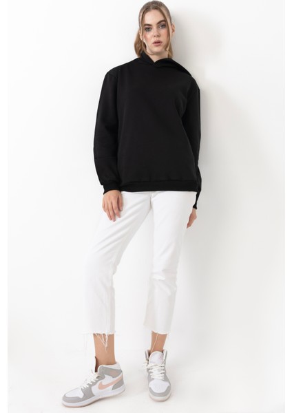 Kadın Kapüşonlu Basic Regular Sweatshirt Siyah