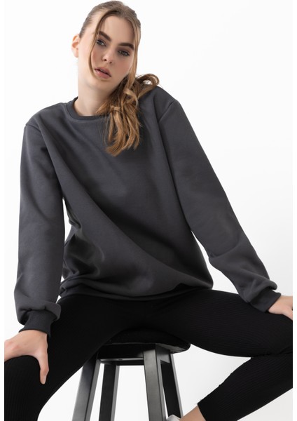 Kadın Bisiklet Yaka Basic Regular Sweatshirt Antrasit fırsatları