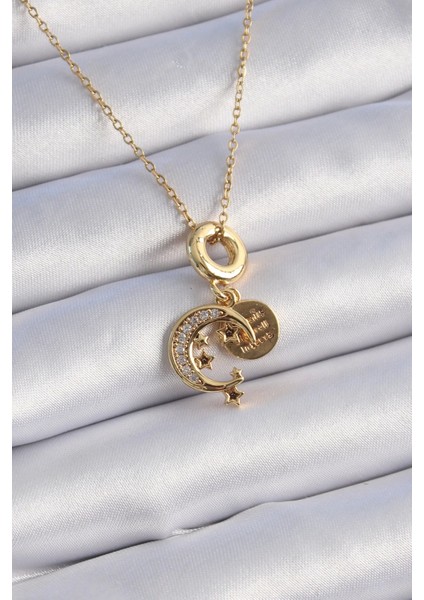 316L Çelik Gold Renk Zirkon Taşlı Ay Yıldız Model Charm Model Kadın Kolye - TJ-BKO9312