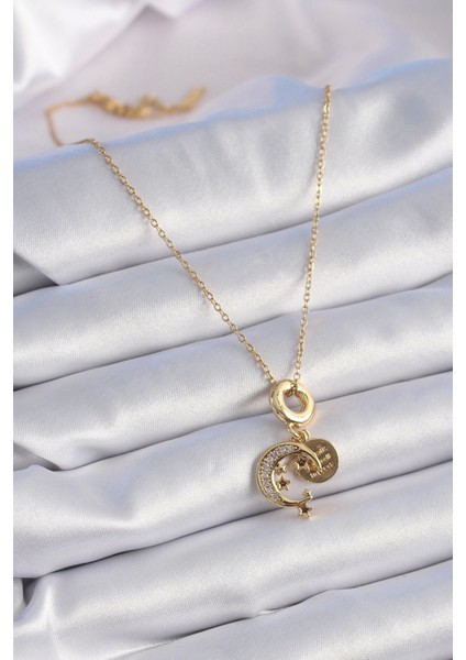 316L Çelik Gold Renk Zirkon Taşlı Ay Yıldız Model Charm Model Kadın Kolye - TJ-BKO9312