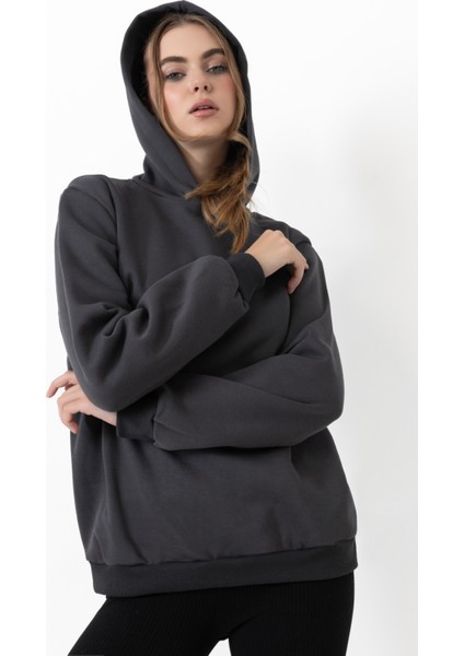 Kadın Kapüşonlu Basic Regular Sweatshirt Antrasit
