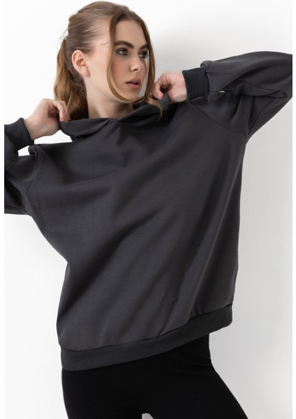 Kadın Kapüşonlu Basic Regular Sweatshirt Antrasit