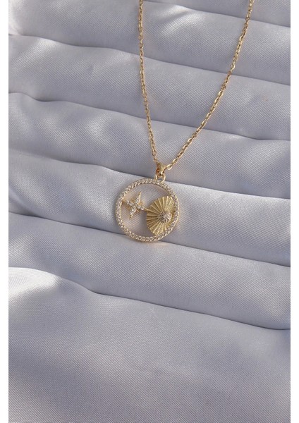 316L Çelik Zincir Gold Renk Zirkon Taşlı Yıldız Figürlü Oval Kolye - TJ-BKO9023
