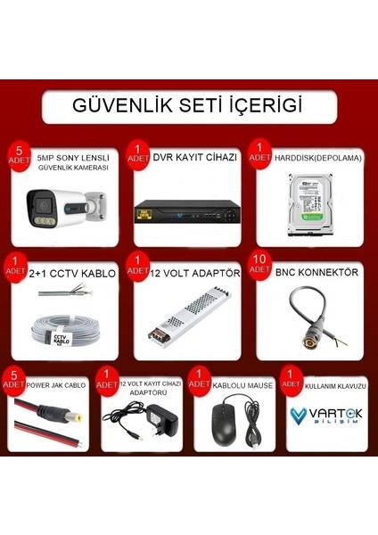 5 Kameralı-Gece Renkli 5mp Lensli 1080P Fullhd Kamera Seti -Tak Çalıştır Sistem- Sabit Ip Gerektirmez
