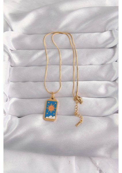 316L Çelik Gold Renk Mavi Mineli Güneş Model Tarot Kolye - TJ-BKO9026